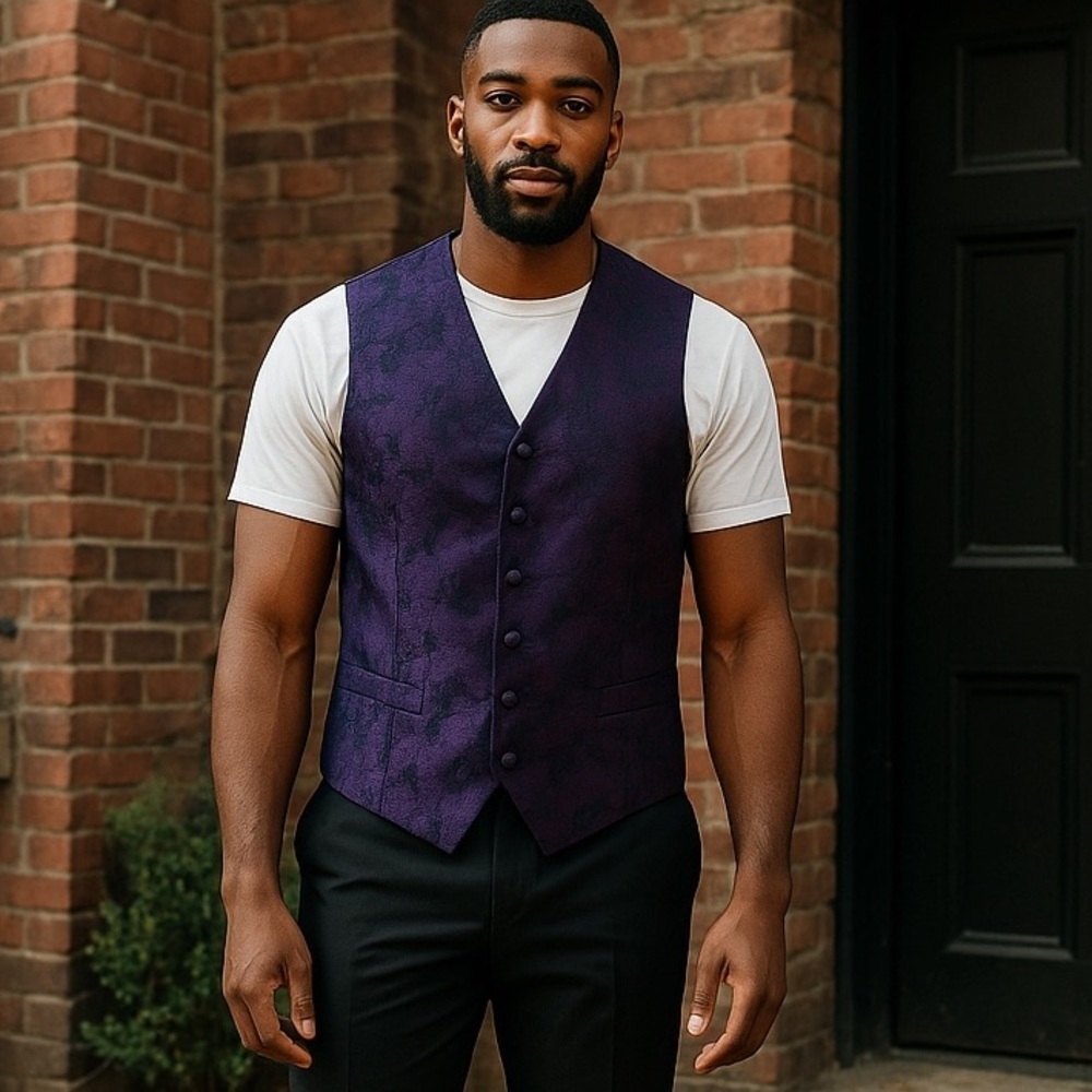 Luxury Purple & Black Floral Leaf Silk Vest Set - Size M
